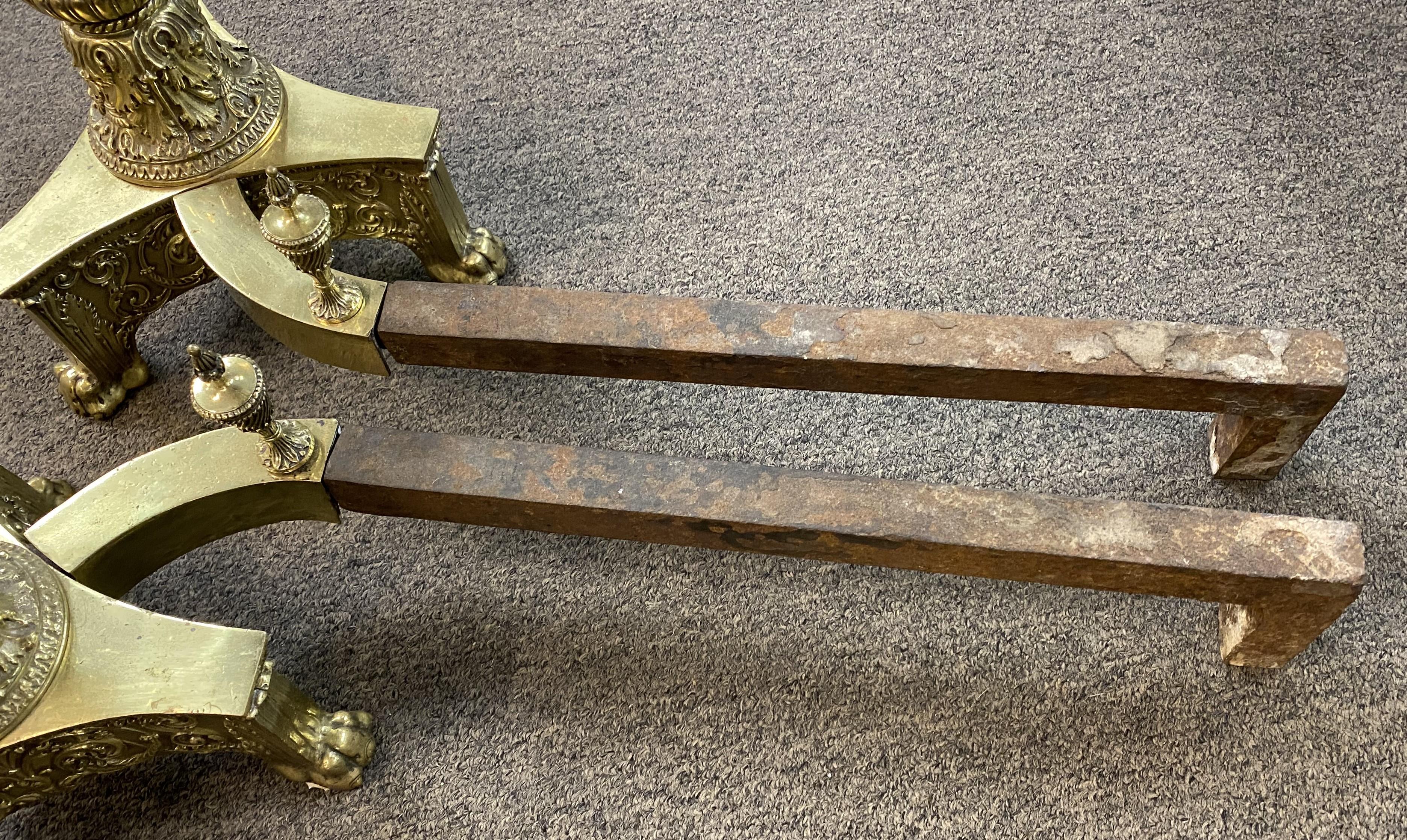 Pair of Elaborate Edwardian Column and Ball Brass Andirons For Sale 3