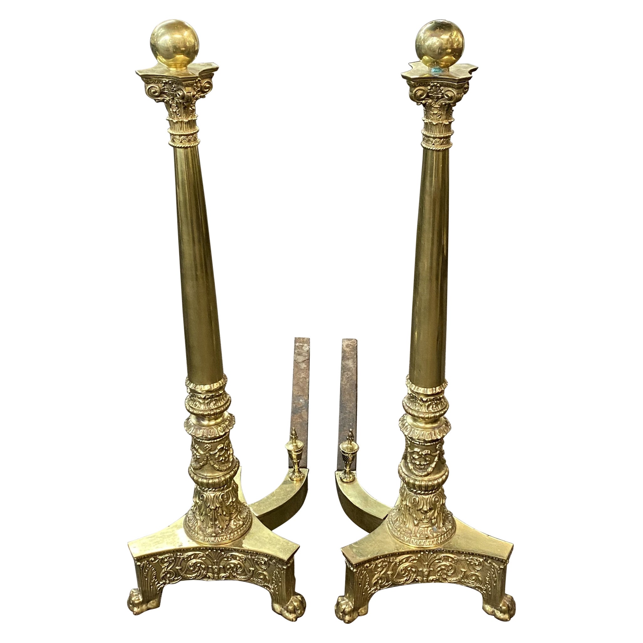 Pair of Elaborate Edwardian Column and Ball Brass Andirons For Sale