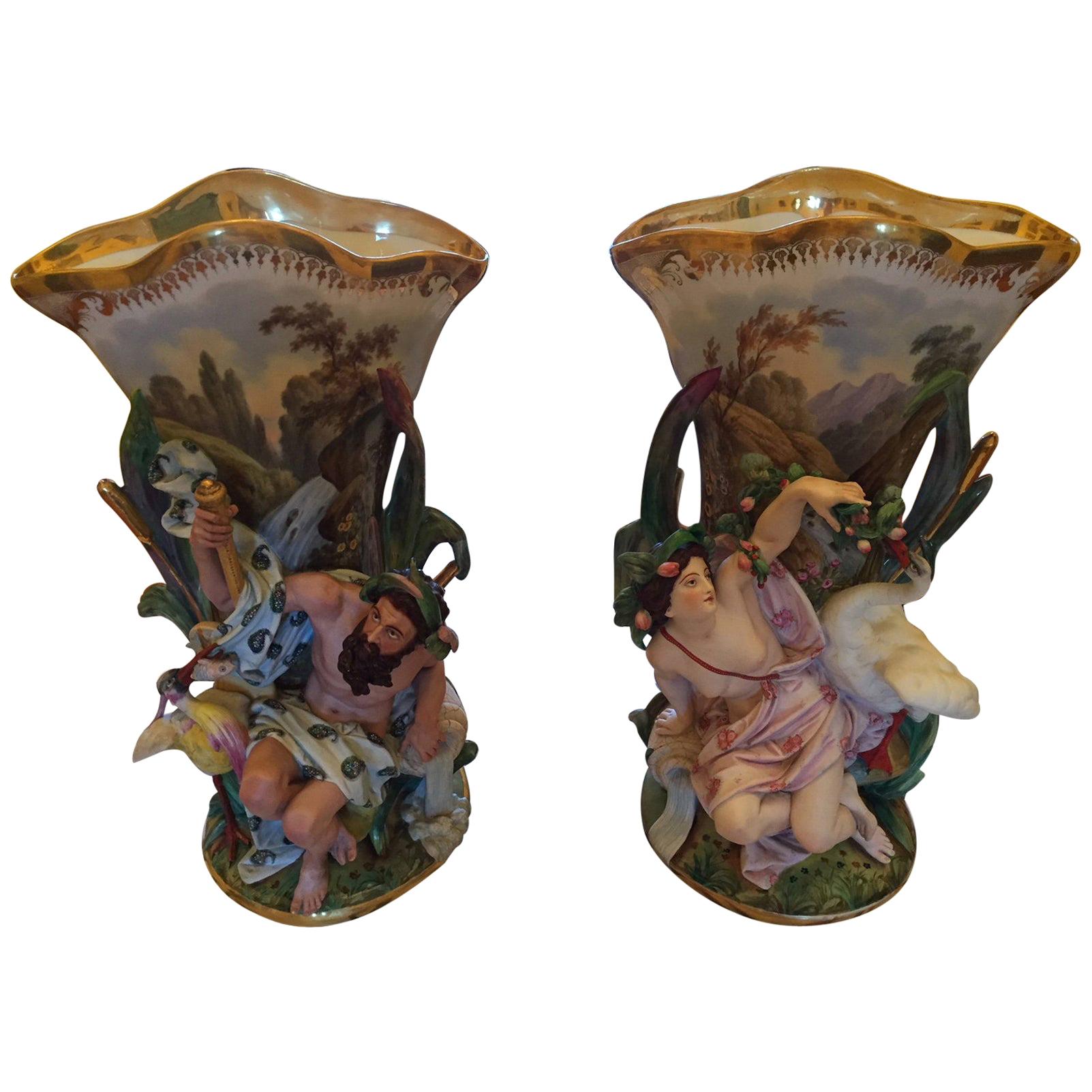 Pair of Elaborate Old Paris Porcelain Figural Vases