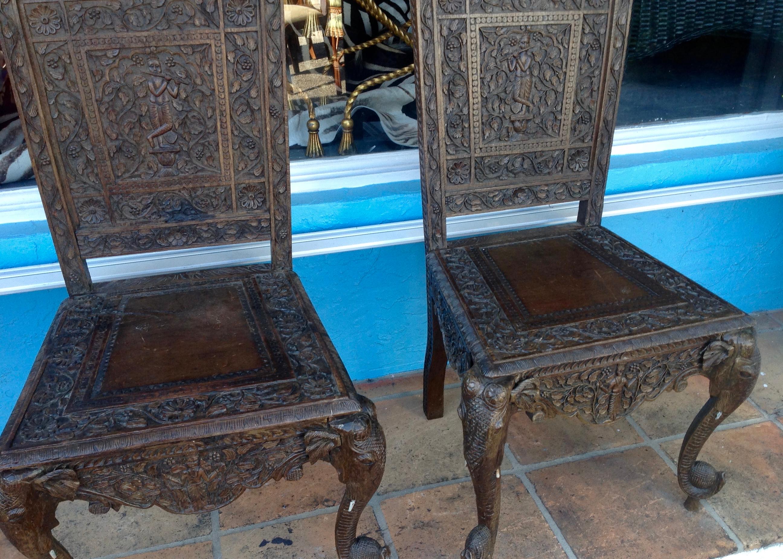20th Century Pair of Elaborately Carved Anglo-Indian Side Chairs