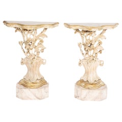 Pair of Elaborately Carved Foliate Consoles with Faux Marble Tops