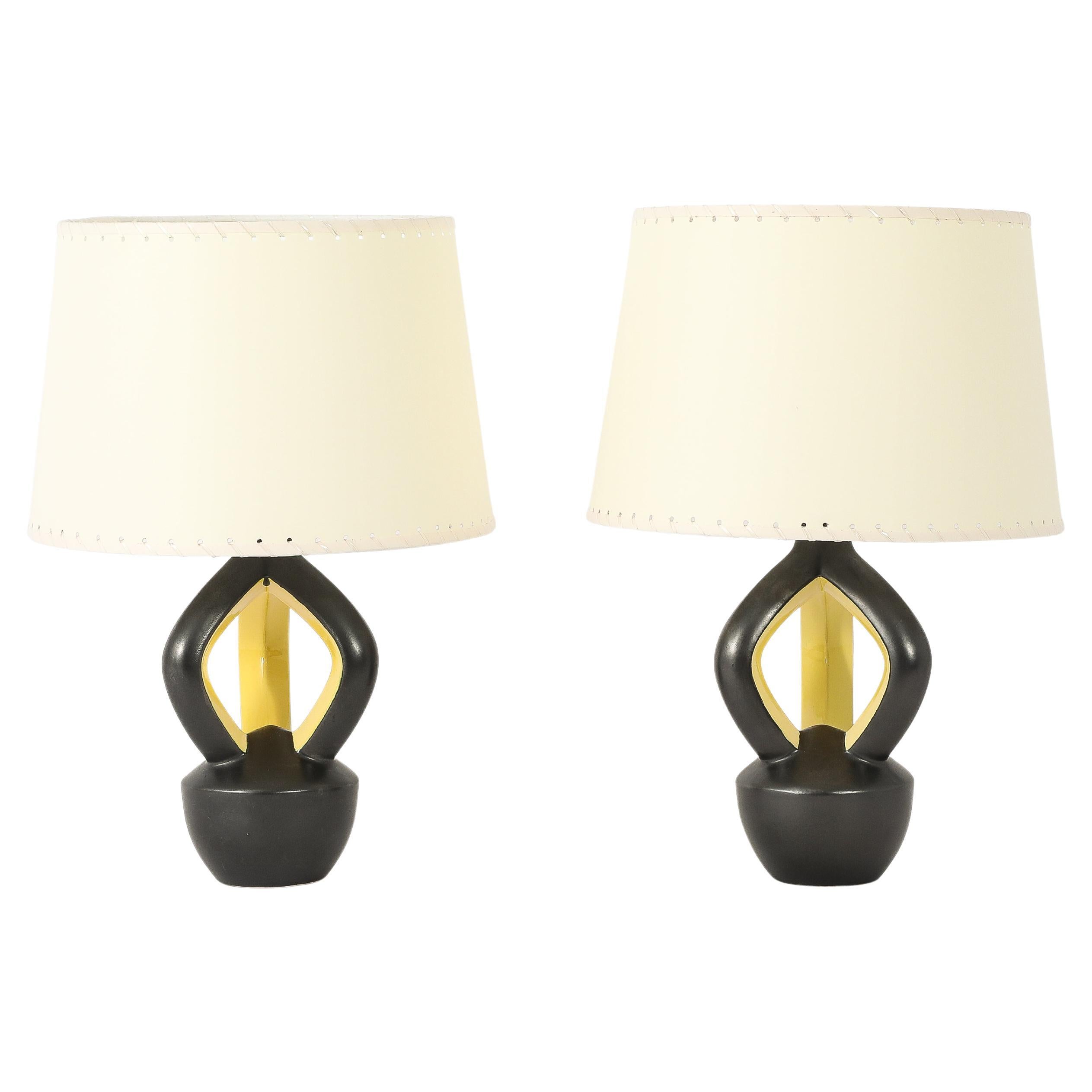 Pair of Elchinger Ceramic Two Tone Lamps, France 1960's