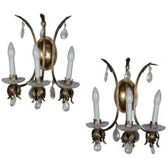 Pair of Electric Classical Foliate Form 3-Candle Rock Crystal Wall Sconces