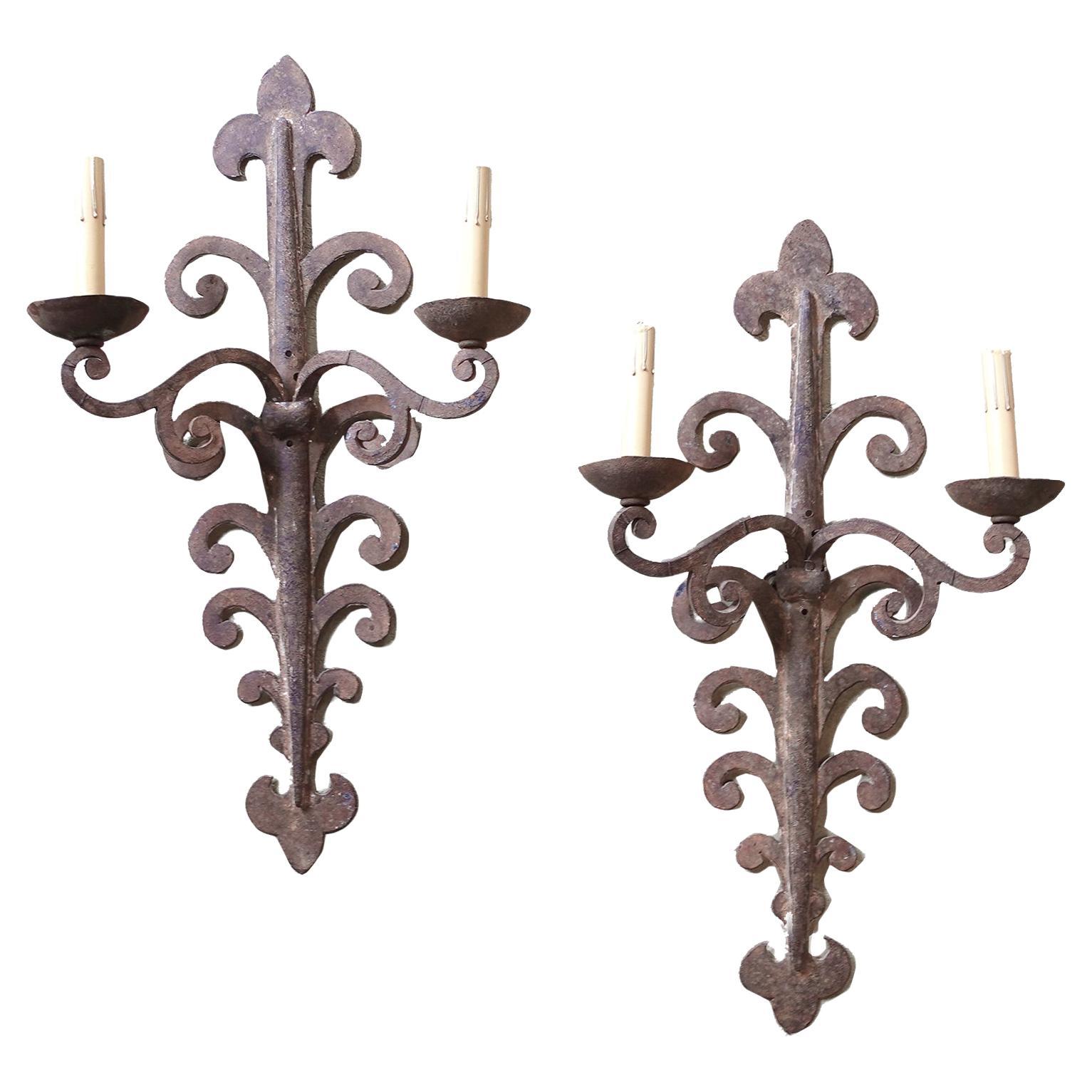 Pair of Electrified 18th century Wrought Iron European Wall Sconces For Sale