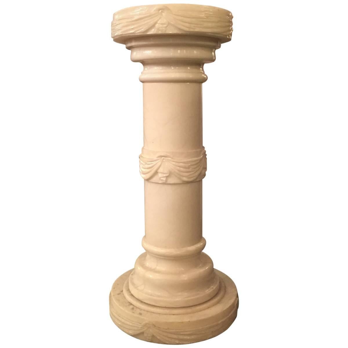 This unique pair of vintage lighting makes a bold and delightful decorative accent. The two alabaster pedestals, decorated with draped ribbon detailing, are illuminated from within the column.
Sold as a set of two.
Measures: Width 12