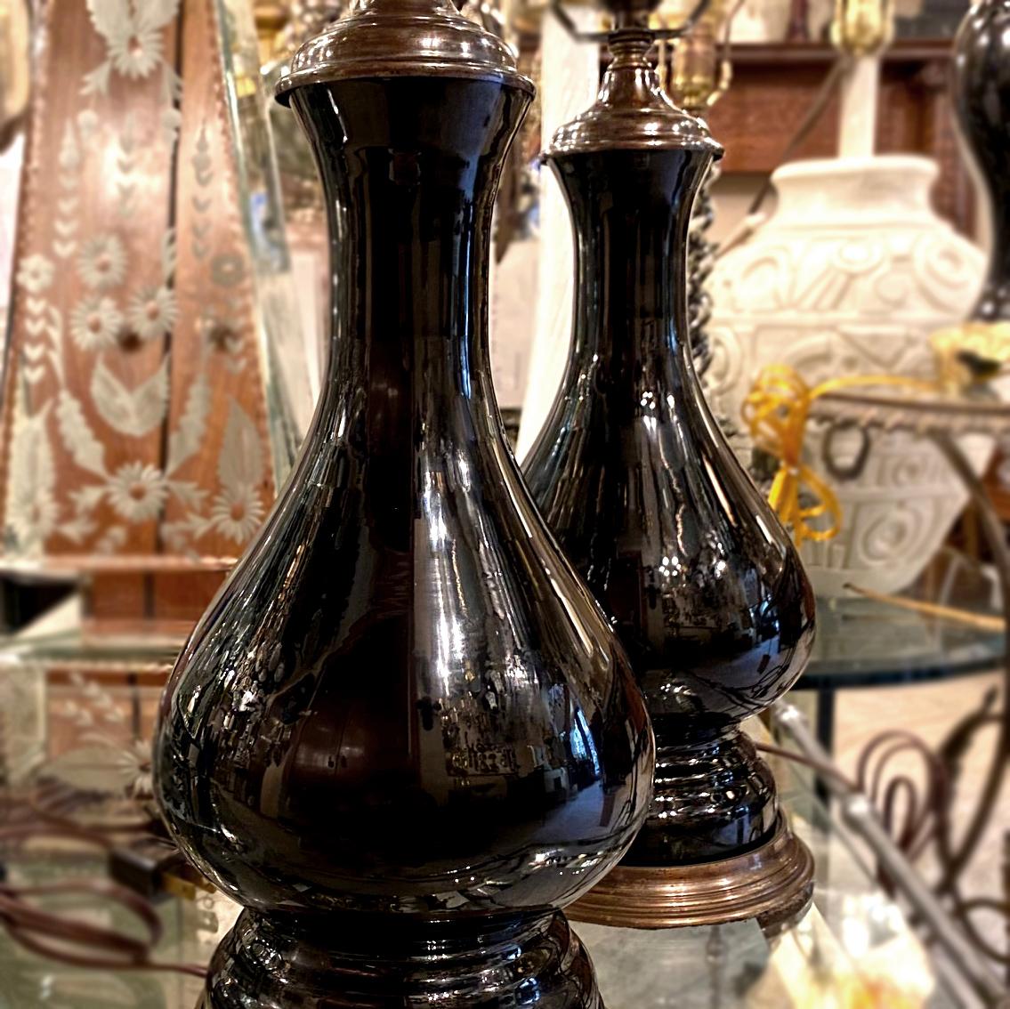 French Pair of Electrified Black Glass Lamps