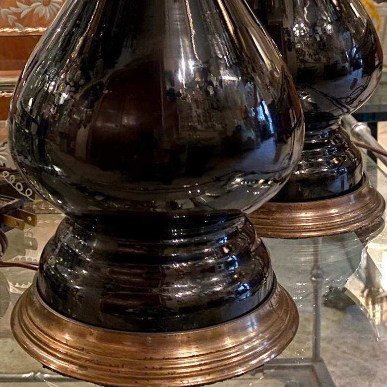Patinated Pair of Electrified Black Glass Lamps