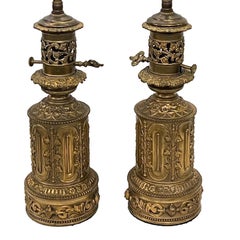Pair of Electrified Brass Oil Lamps
