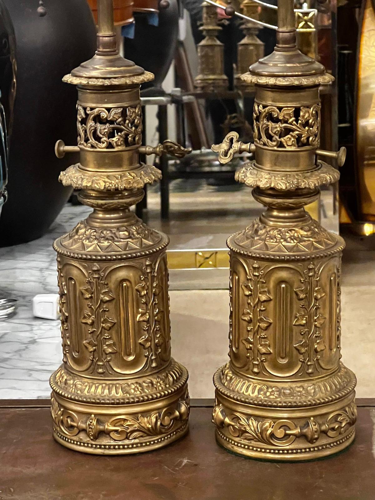 Early 20th Century Pair of Electrified Brass Oil Lamps For Sale