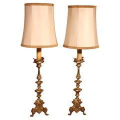 Pair Of Electrified Bronze Candlesticks - Italy - 17th Century