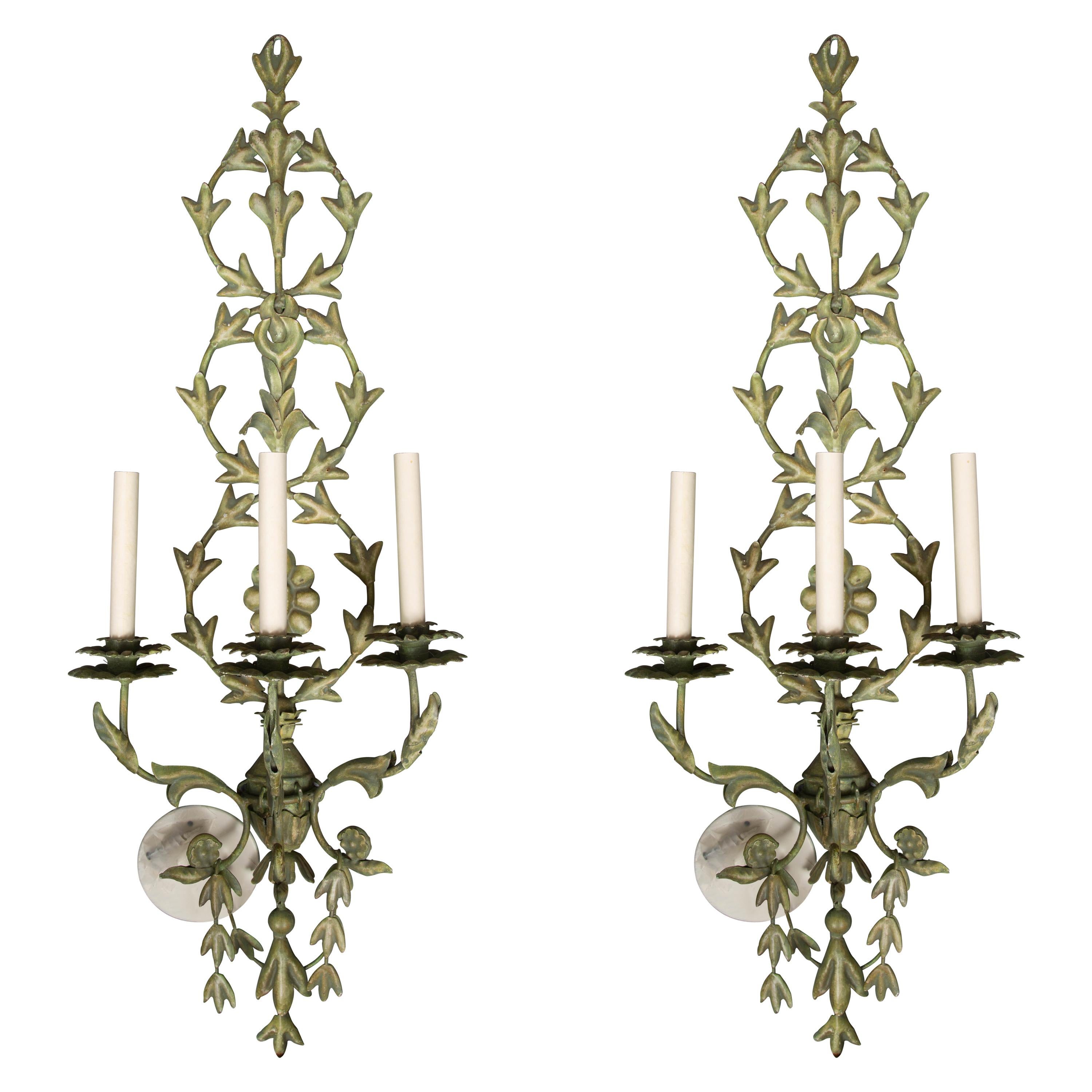 Pair of Electrified Triple Branch Tole Wall Sconces