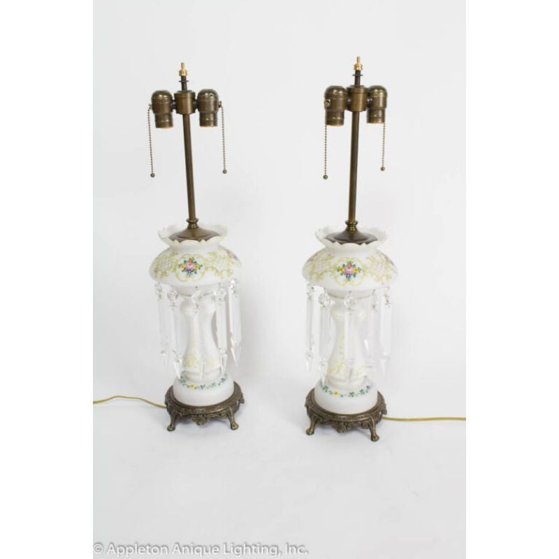 Lamps made from Victorian Lustres. Glass is 19th century, bases and hardware are new. Shown with White paper shades, 16? diameter.

Material: Art Glass,Crystal
Style: Victorian,Traditional
Place of Origin: England
Period made: Mid 19th