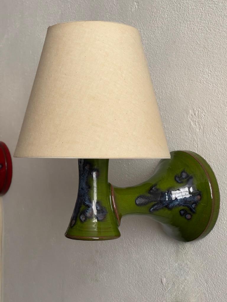 Pair of Elegant 1960s Danish Ceramic Wall Lights with Green and Red Glaze 2