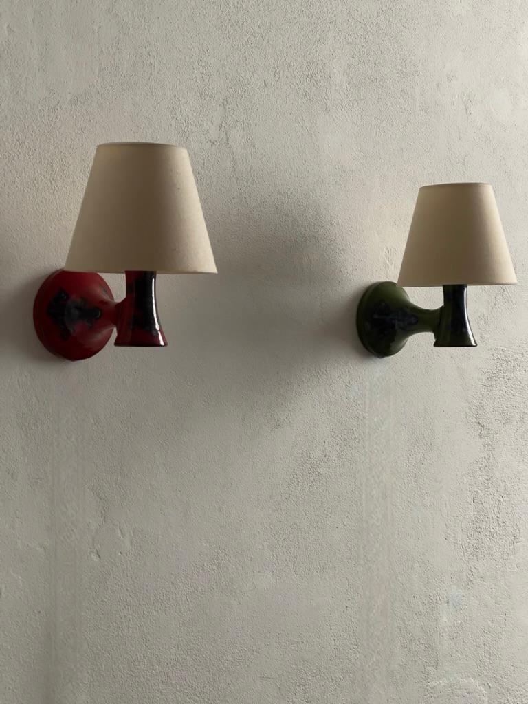 Pair of Elegant 1960s Danish Ceramic Wall Lights with Green and Red Glaze 3