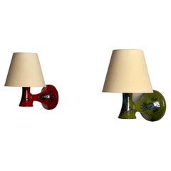 Pair of Elegant 1960s Danish Ceramic Wall Lights with Green and Red Glaze