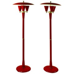 Pair of Elegant 1970s Red Metal Floor Lamps in the Manner of Tony Duquette