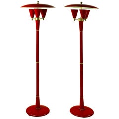 Pair of Elegant 1970s Red Metal Floor Lamps in the Manner of Tony Duquette