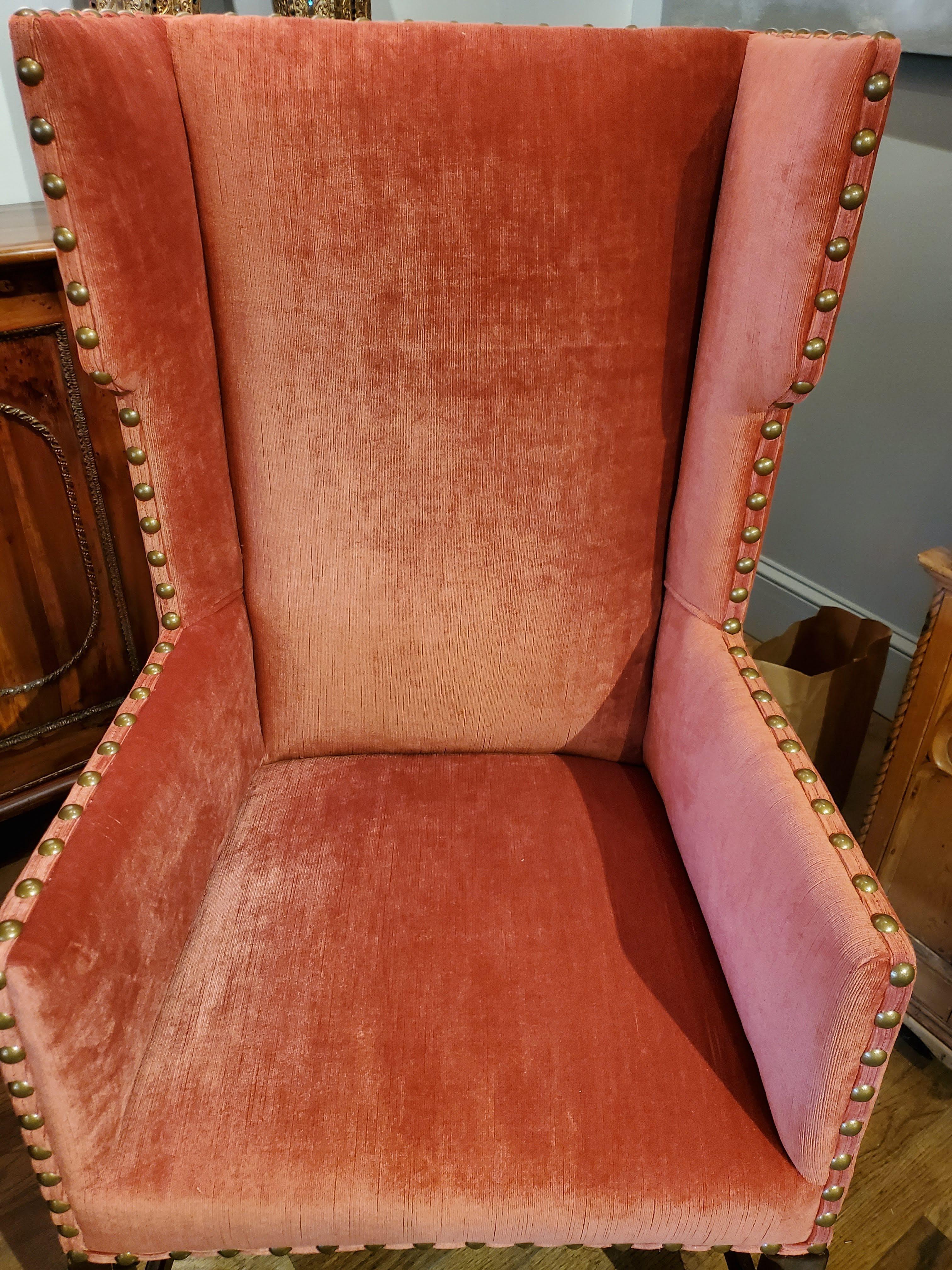 Brass Pair of Elegant 19th Century English Red Velvet Wing Chairs