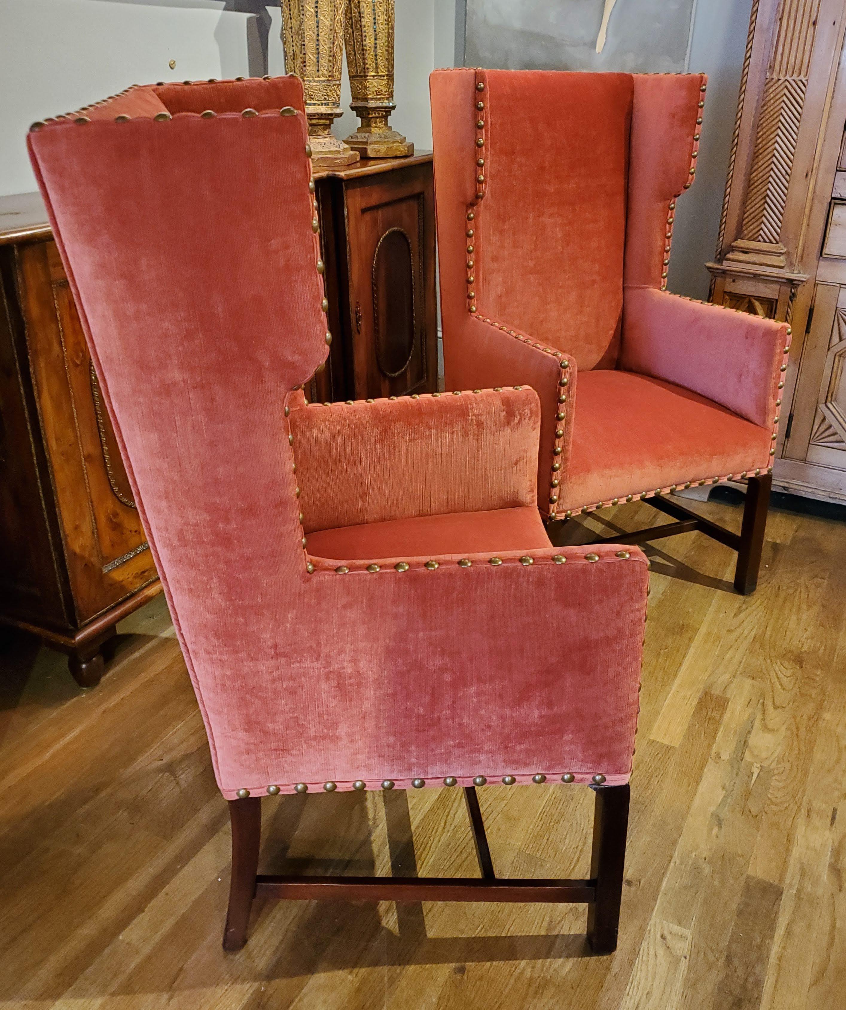 Pair of Elegant 19th Century English Red Velvet Wing Chairs 4