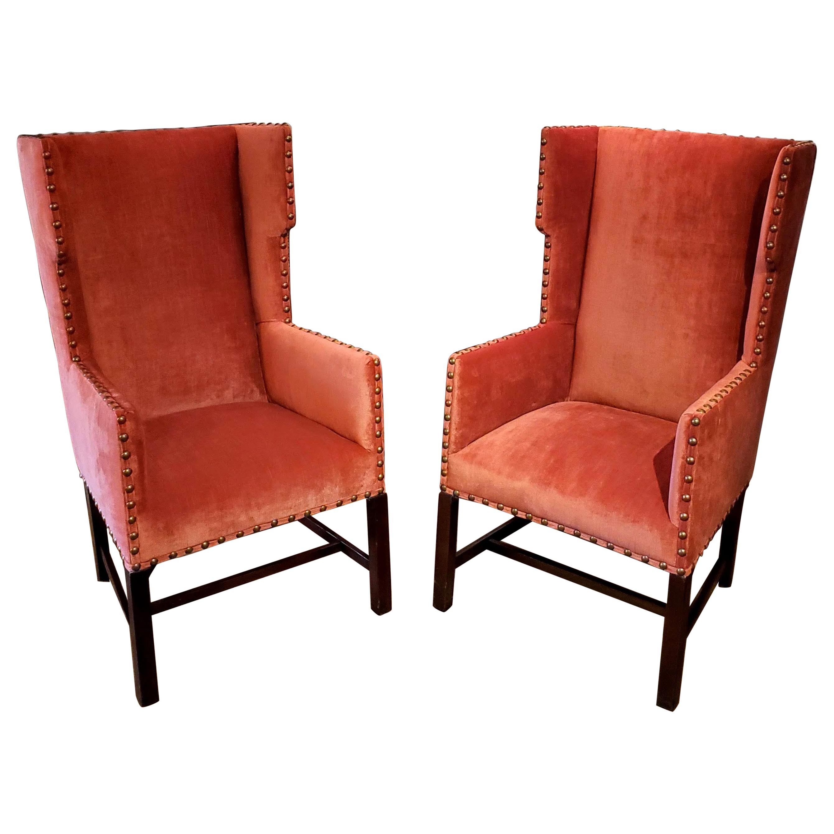 Pair of Elegant 19th Century English Red Velvet Wing Chairs