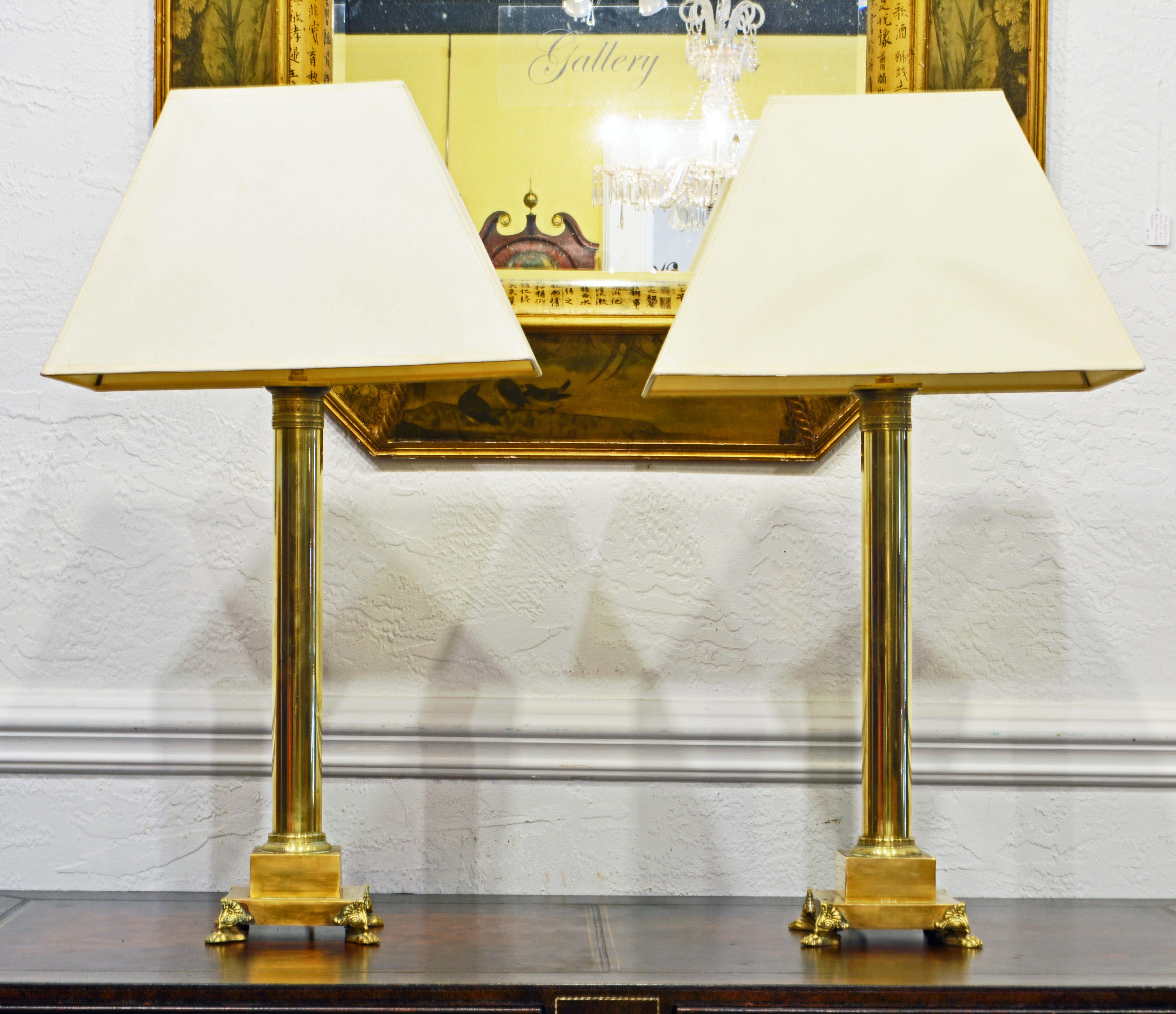 These lamps are sold without shades for ease of shipping. Dating to the second half of the 19th century these French empire style bronze lamp are of an elegant design in the shape of classic columns. The light fixtures are with adjustable height and