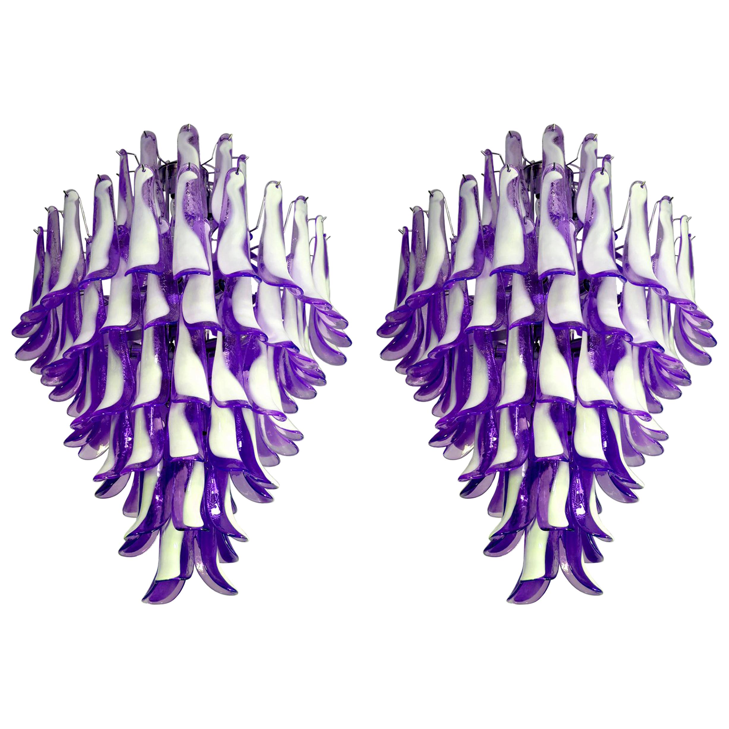 Pair of Elegant 82-Petals Chandeliers, Murano