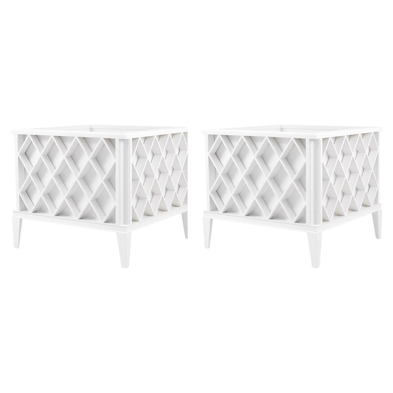 Pair of Elegant and Refined white Painted Metal Outdoor Planters. For Sale