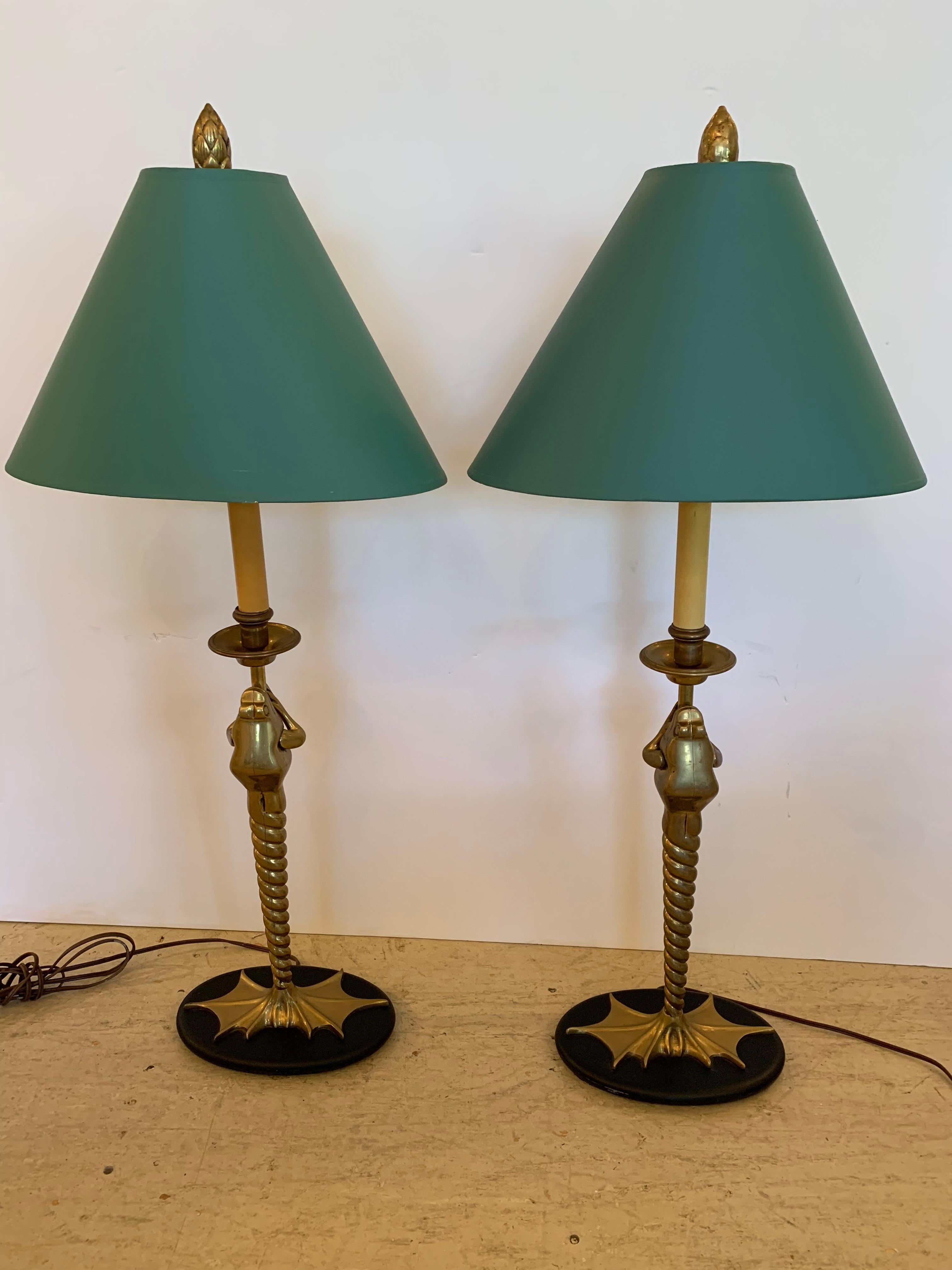 Pair of Elegant and Whimsical Brass Frog Motife Tall Table Lamps by Chapman 3