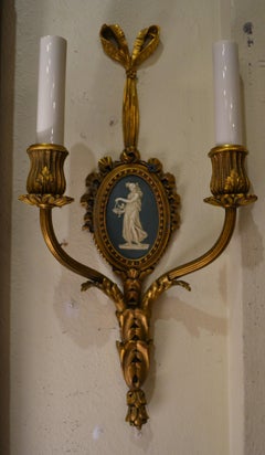 Pair of Elegant Antique French Bronze Wall Sconces with Plaque Inserts