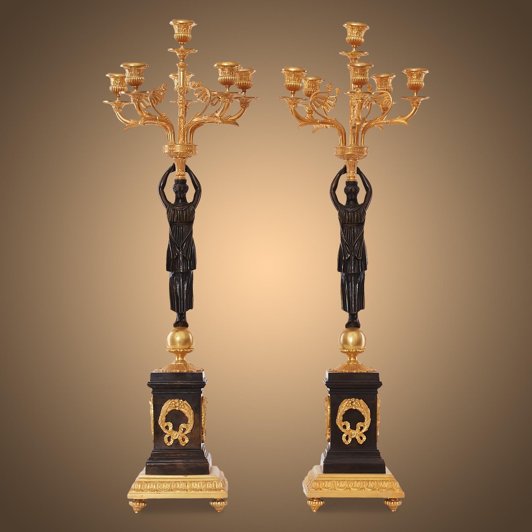 Empire Pair of Elegant Antique Gilt Bronze Table Candelabras