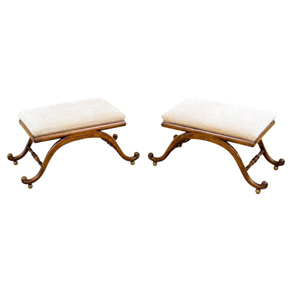 Pair Of Elegant Antique Pleated Velvet Upholstered Benches