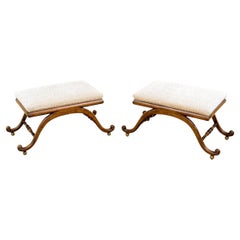 Pair Of Elegant Antique Pleated Velvet Upholstered Benches