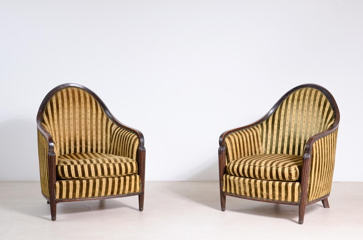 COD-2775
Pair of elegant armchairs in shaped wood and upholstered fabric with two small 