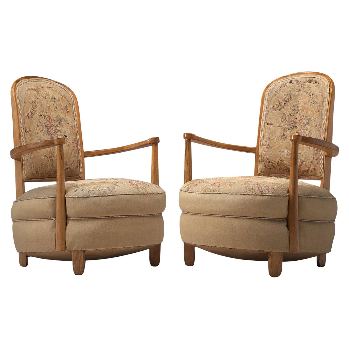 Pair of Elegant Art Deco Armchairs with Original Floral Upholstery