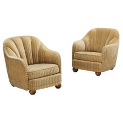 Pair of Elegant Art Deco Lounge Chairs in Camel Beige Striped Upholstery 