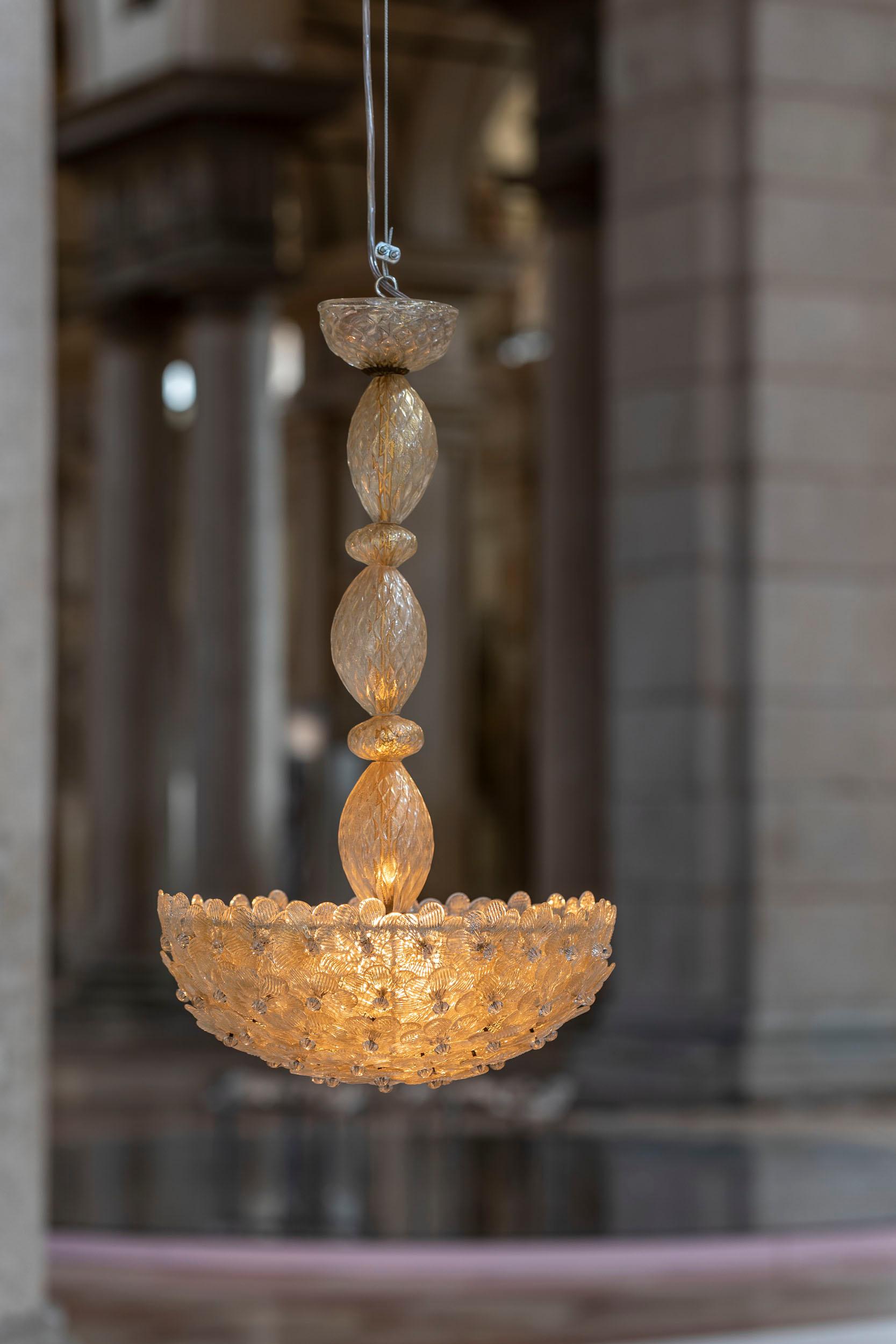 Pair of elegant Barovier Millefiori pendants with typical goldish flowers in Murano hand blown glass.