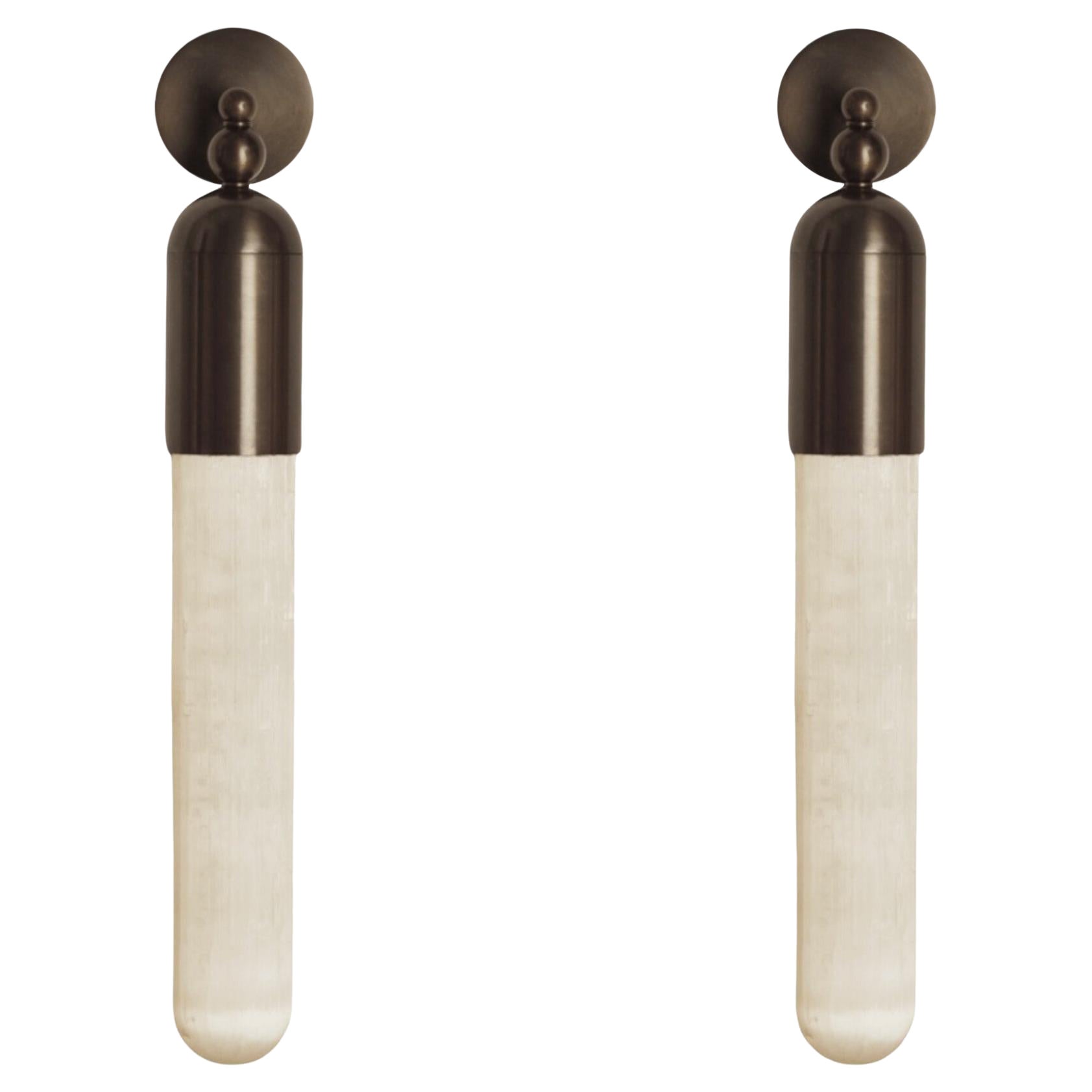 Pair of Elegant Bespoke Italian "Selene" wall sconce in bronze and Selenite