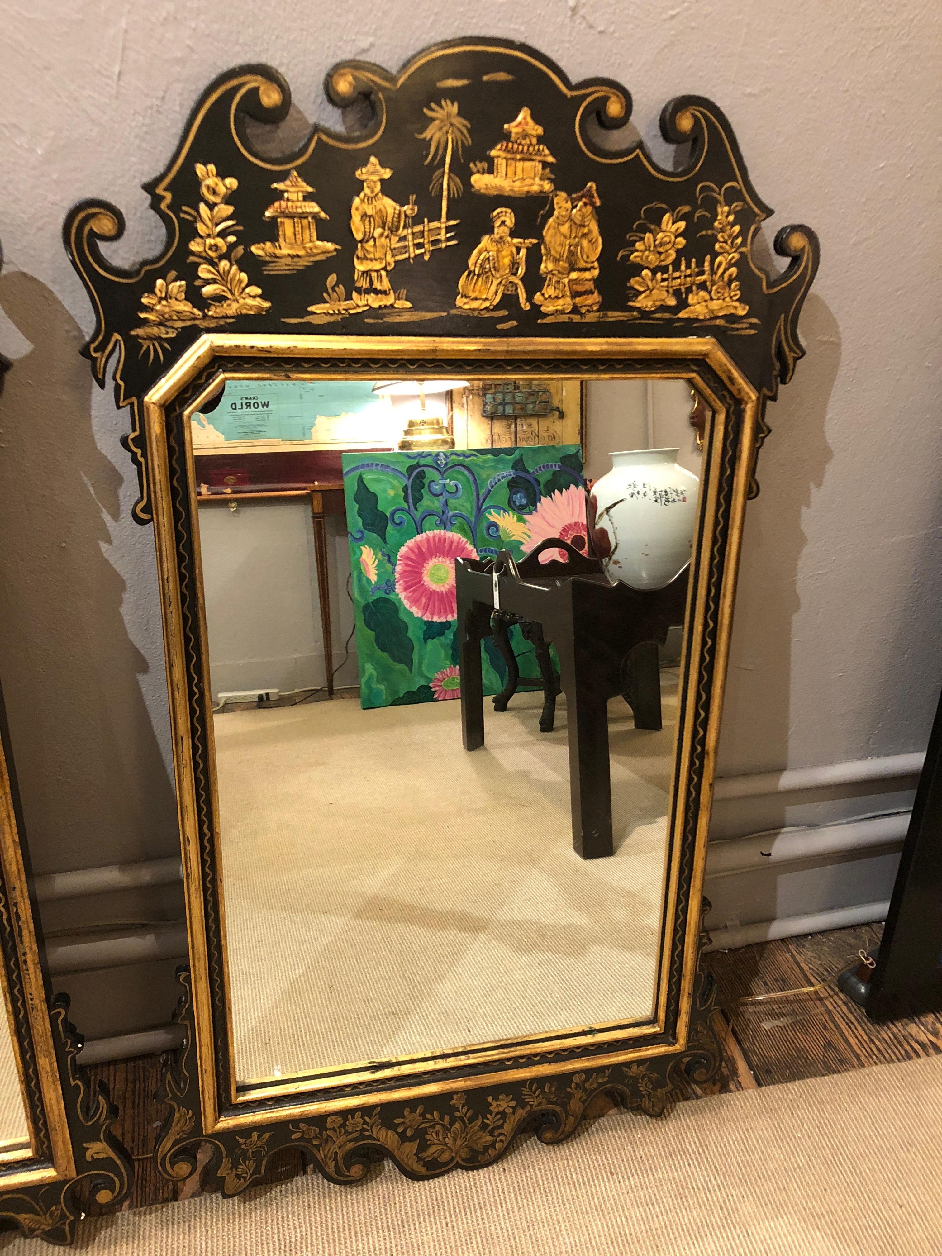 Pair of Elegant Black and Gold Chinoiserie Style Mirrors In Excellent Condition In Hopewell, NJ
