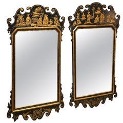 Pair of Elegant Black and Gold Chinoiserie Style Mirrors