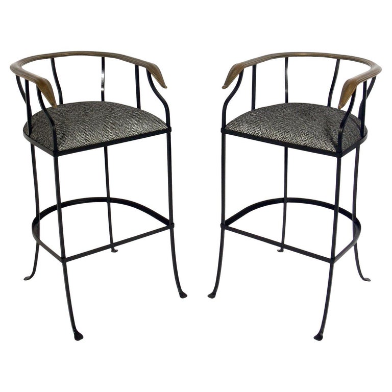 Pair of Elegant Brass and Iron Bar Stools For Sale at 1stDibs
