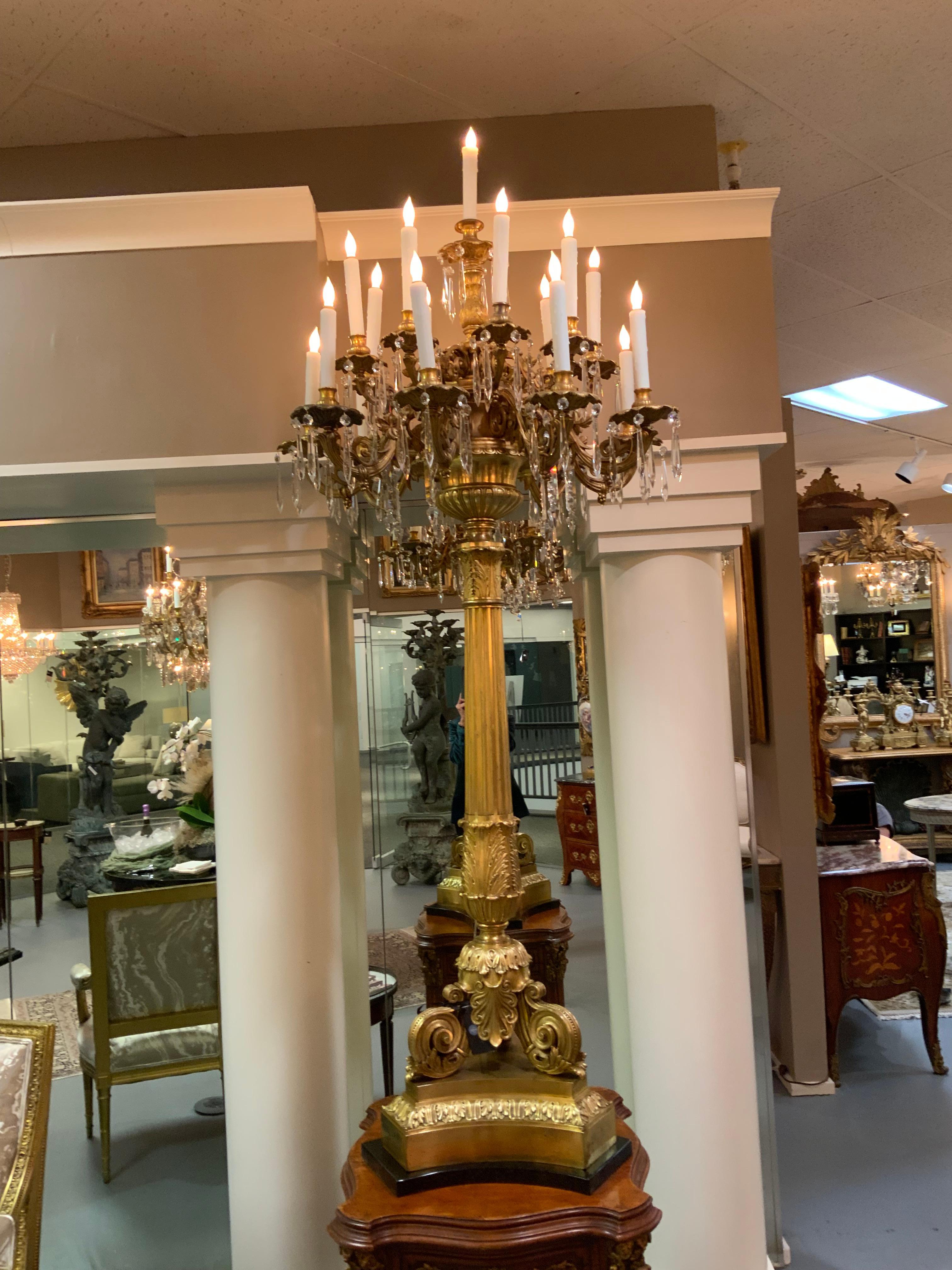 Pair of Elegant Bronze Dore and Crystal Palace Size Torchiers Now Electrified For Sale 3