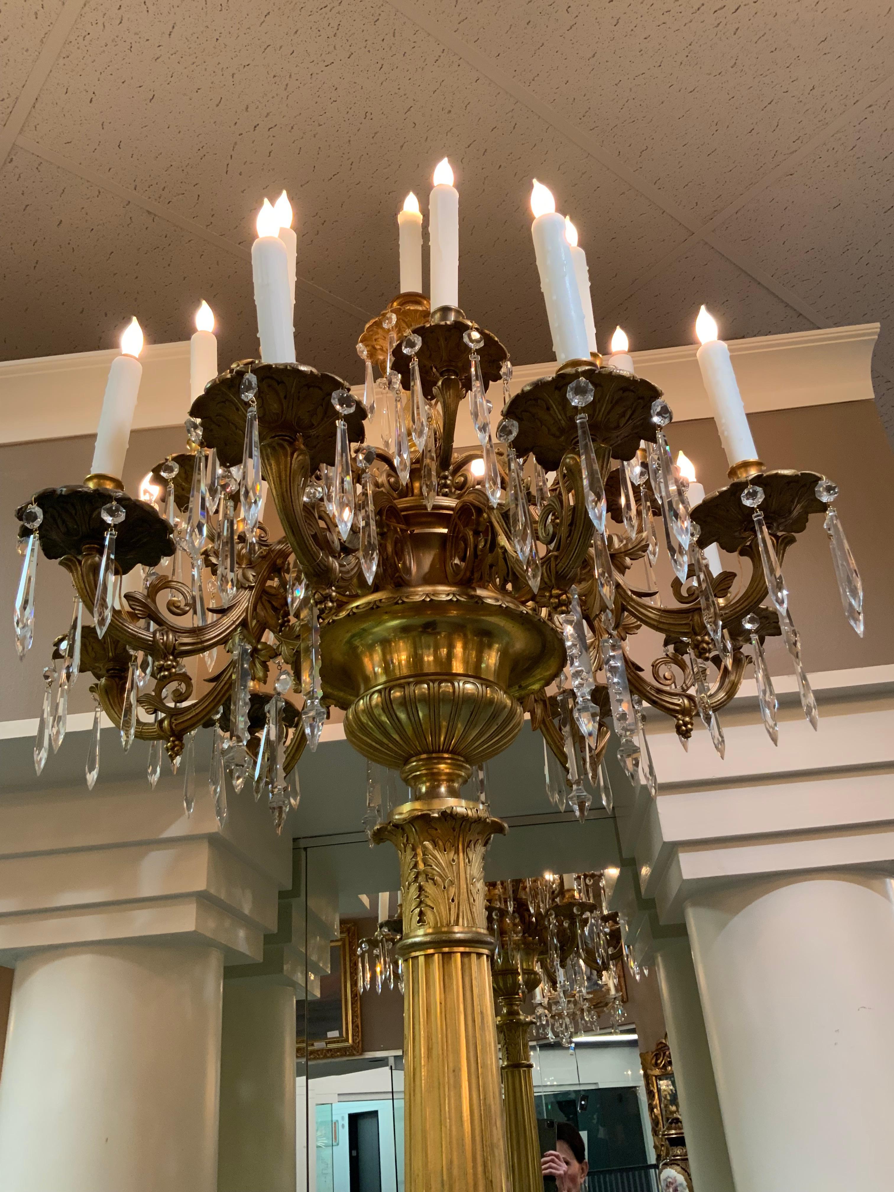 Pair of Elegant Bronze Dore and Crystal Palace Size Torchiers Now Electrified For Sale 4