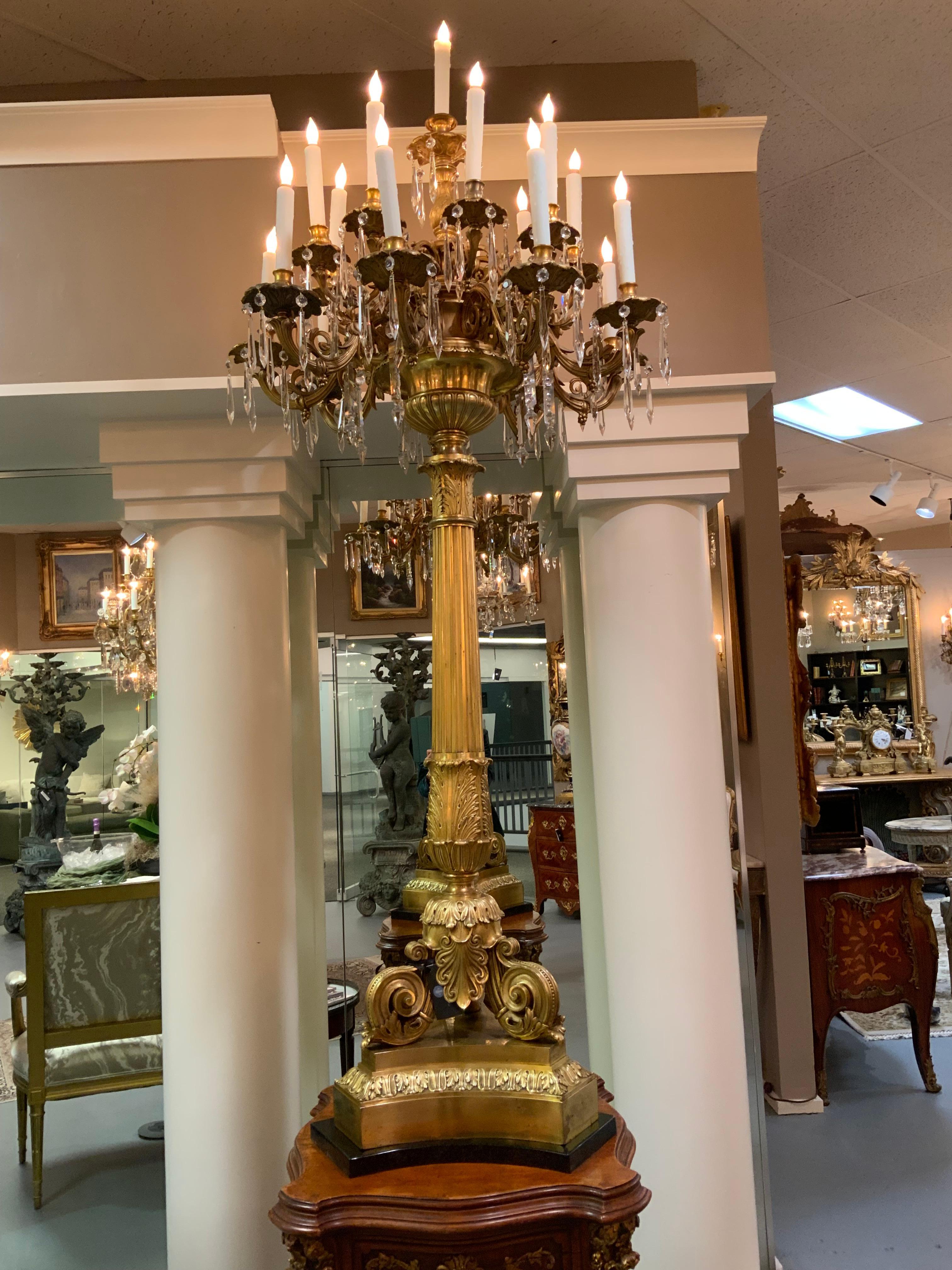 Pair of Elegant Bronze Dore and Crystal Palace Size Torchiers Now Electrified For Sale 6