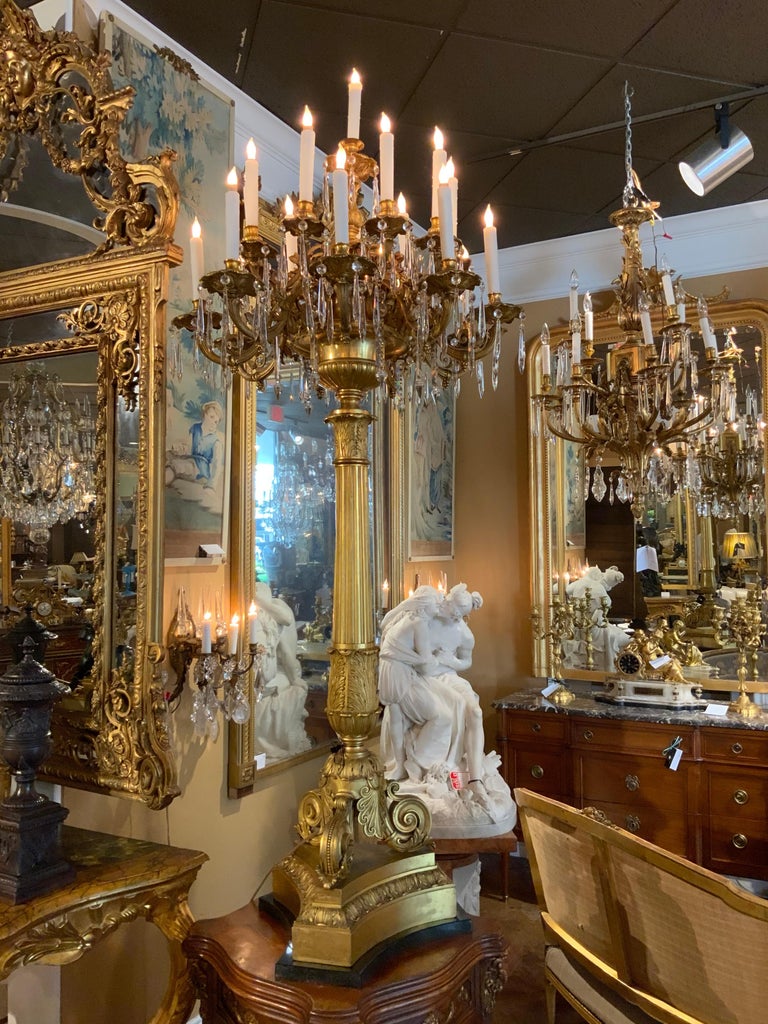 Gilt Pair of Elegant Bronze Dore and Crystal Palace Size Torchiers Now Electrified For Sale