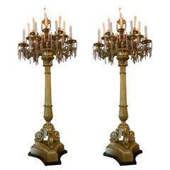 Antique Pair of Elegant Bronze Dore and Crystal Palace Size Torchiers Now Electrified