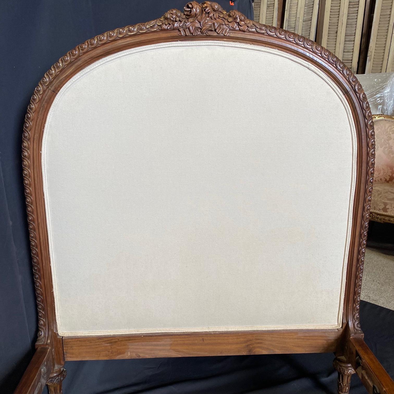 Pair of Elegant Carved Walnut French Louis XVI Upholstered Twin Beds 3