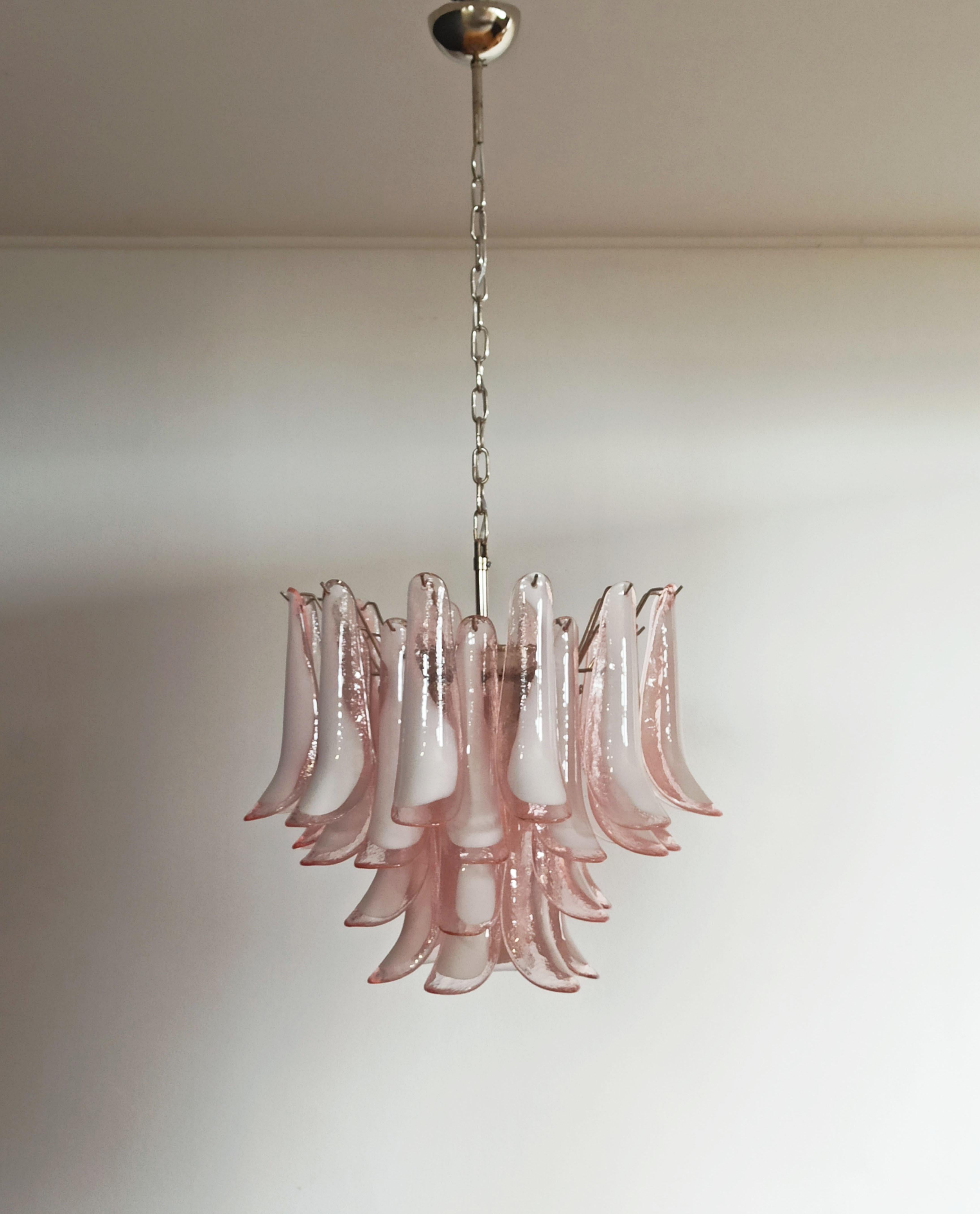 1970’s Murano Italian glass chandelier. Fantastic chandelier with pink and white “lattimo” glasses, nickel-plated metal frame. It has 36 big monumental petals glass. The glasses are very high quality, the photos do not do the beauty, luster of these