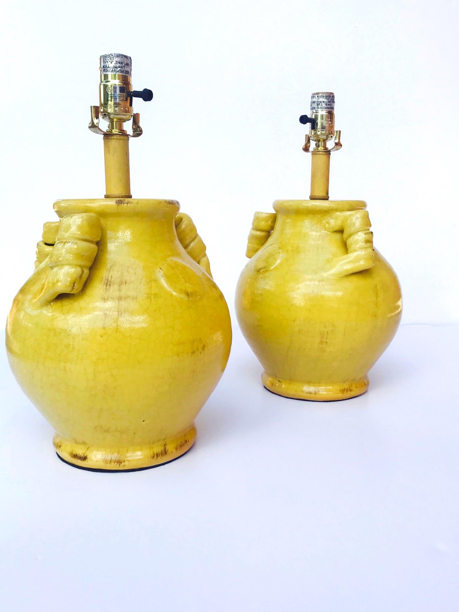 Pair of Vintage Chinese Pottery Lamps with Antique Yellow Glaze, c. 1980's 2