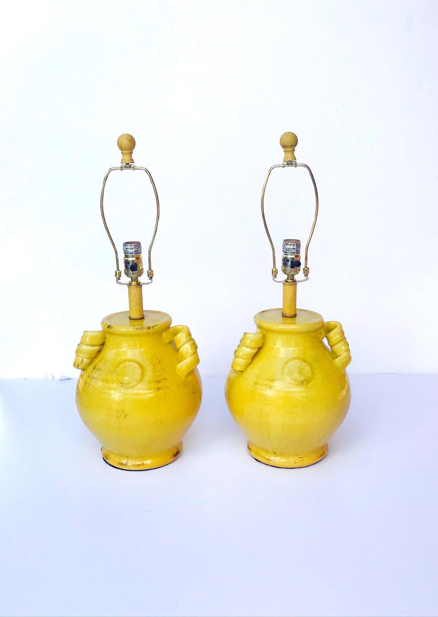 Pair of Vintage Chinese Pottery Lamps with Antique Yellow Glaze, c. 1980's 3