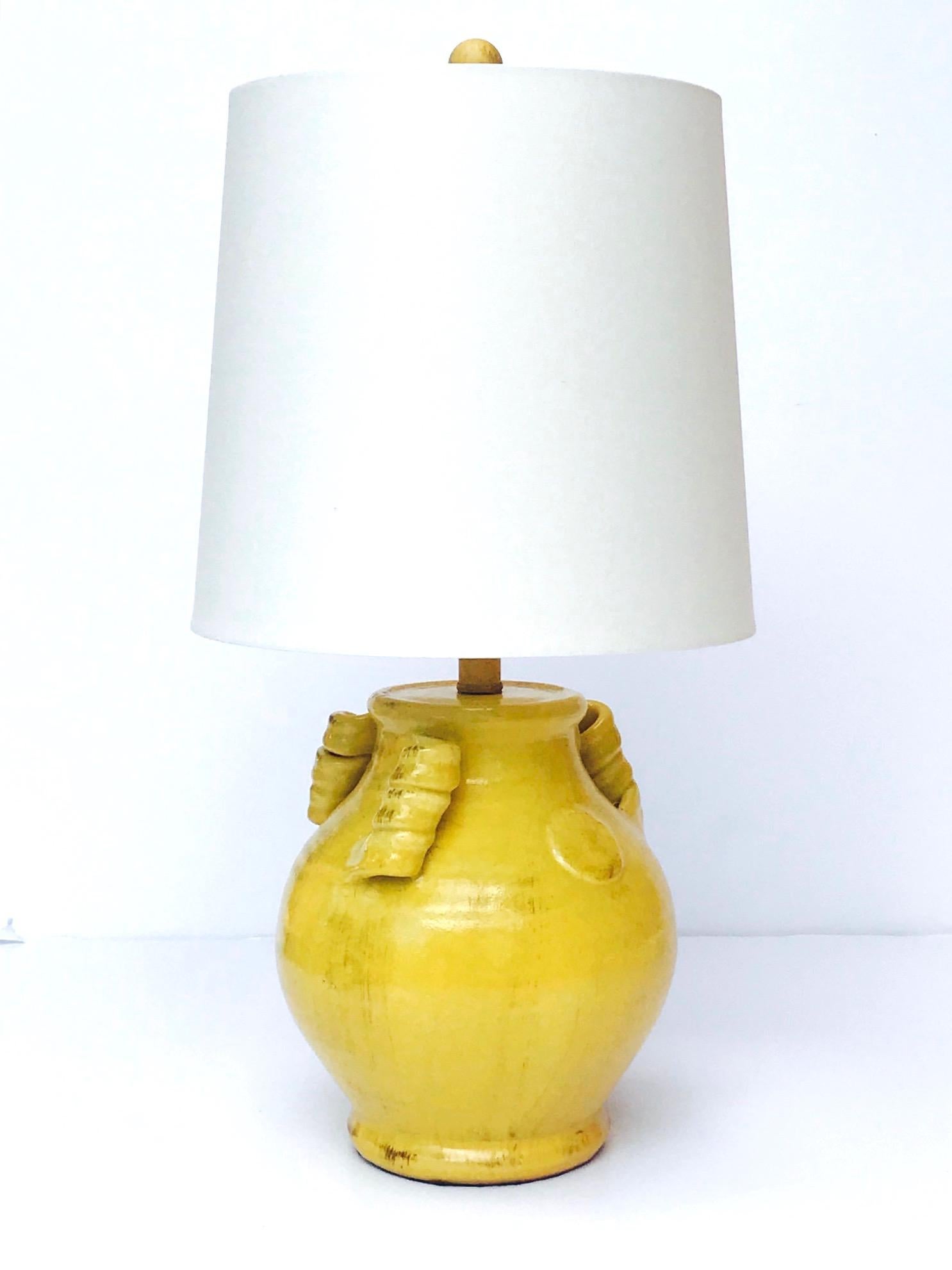 Chinoiserie Pair of Vintage Chinese Pottery Lamps with Antique Yellow Glaze, c. 1980's